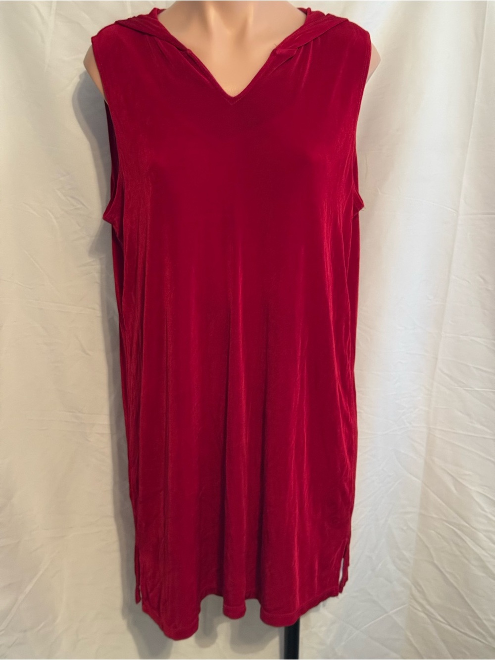 Soft Stretchy Sleeveless Velvet Like V-Neck Red Hooded Tunic Dress